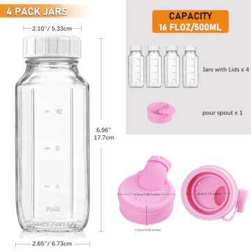 4 Pack 16 Oz Square Glass Milk Bottle with A Silicone Dispenser Cap, Glass Juice Bottles with Airtight Screw Lid, Reusable Drinking Bottles with Capacity Marks, Breastmilk Storage Container