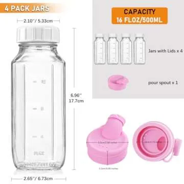 4 Pack 16 Oz Square Glass Milk Bottle with A Silicone Dispenser Cap, Glass Juice Bottles with Airtight Screw Lid, Reusable Drinking Bottles with Capacity Marks, Breastmilk Storage Container