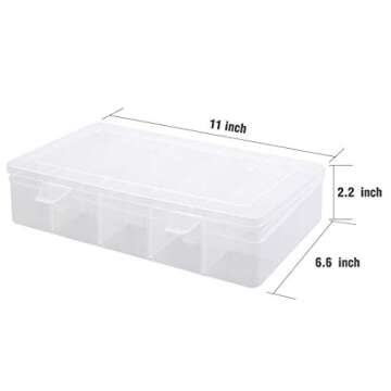 HappyHapi 3 Pack Large Plastic Organizer Box with Adjustable Dividers, 15 Compartment Clear Container Storage Box for Jewelry Bead Crafts and Washi Tapes(10.8"x6.5"x2.2")