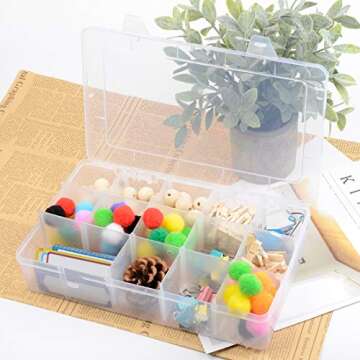 HappyHapi 3 Pack Large Plastic Organizer Box with Adjustable Dividers, 15 Compartment Clear Container Storage Box for Jewelry Bead Crafts and Washi Tapes(10.8"x6.5"x2.2")