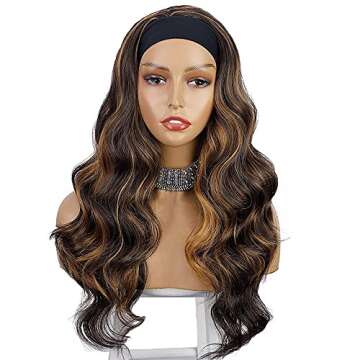 AISI HAIR Long Wavy Brown Mix Blonde Headband Wig Highlight Body Wave Synthetic Wigs for Black Women Girls Glueless Natural Looking High Density Heat Resistant Fiber Headband Attached Wigs