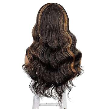 AISI HAIR Long Wavy Brown Mix Blonde Headband Wig Highlight Body Wave Synthetic Wigs for Black Women Girls Glueless Natural Looking High Density Heat Resistant Fiber Headband Attached Wigs