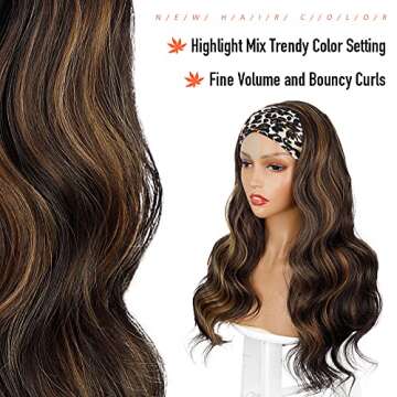 AISI HAIR Long Wavy Brown Mix Blonde Headband Wig Highlight Body Wave Synthetic Wigs for Black Women Girls Glueless Natural Looking High Density Heat Resistant Fiber Headband Attached Wigs