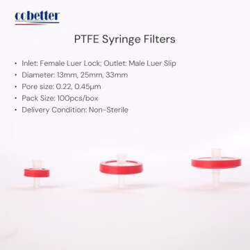 COBETTER 100 Pack PTFE Syringe Filter Lab Filters Hydrophobic Filtration 0.22μm Pore Size 13mm Diameter Non-sterile Red