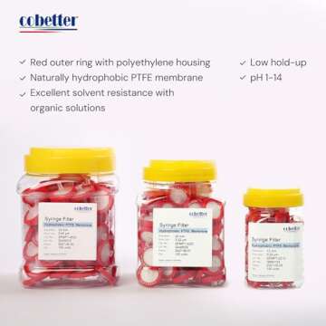 COBETTER 100 Pack PTFE Syringe Filter Lab Filters Hydrophobic Filtration 0.22μm Pore Size 13mm Diameter Non-sterile Red