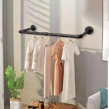Jeasor Industrial Iron Pipe Clothes Hanging Bar DIY Wall-Mounted Garment Rack Heavy Duty Clothing Rack for Bedroom, Laundry Room, Closet Storage