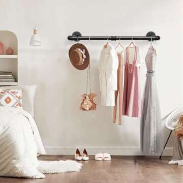 Jeasor Industrial Iron Pipe Clothes Hanging Bar DIY Wall-Mounted Garment Rack Heavy Duty Clothing Rack for Bedroom, Laundry Room, Closet Storage