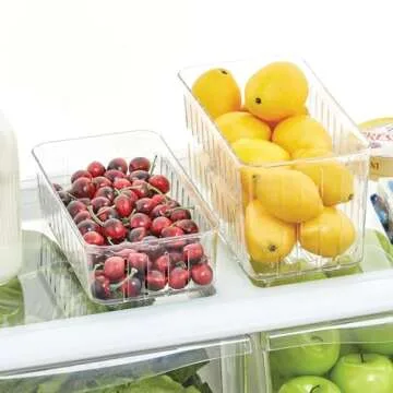 mDesign Plastic Kitchen Refrigerator Produce Storage Organizer Bin with Open Vents for Air Circulation - Food Container for Fruit, Vegetables, Lettuce, Cheese, Fresh Herbs, Snacks - S, 4 Pack - Clear