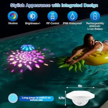 BOXPSII Rechargeable Floating Pool Lights, Pool Lights with 6 Dynamic Lighting, IP68 Waterproof Pool Lights, RGB Upper and Lower Color Changing LED Pool Lights for Pools, Party, Fountains-1PACK