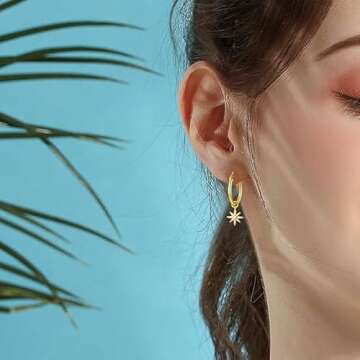 Dangle Hoop Earrings for Women 14K Gold Plated Cubic Zirconia Moon Star Earrings with Opal Drop Hugg...