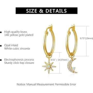 Dangle Hoop Earrings for Women 14K Gold Plated Cubic Zirconia Moon Star Earrings with Opal Drop Huggie Earrings for Lover Wife Mother