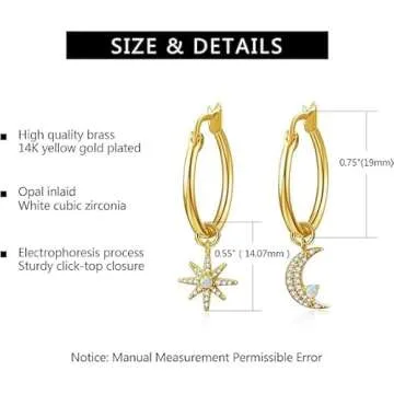 Dangle Hoop Earrings for Women 14K Gold Plated Cubic Zirconia Moon Star Earrings with Opal Drop Huggie Earrings for Lover Wife Mother