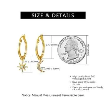 Dangle Hoop Earrings for Women 14K Gold Plated Cubic Zirconia Moon Star Earrings with Opal Drop Huggie Earrings for Lover Wife Mother