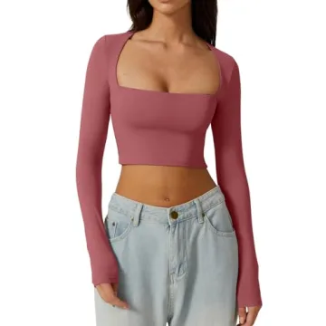 Flattering QINSEN Women’s Long Sleeve Square Neck Crop Top - Merlot - Chic Style for Any Occasion