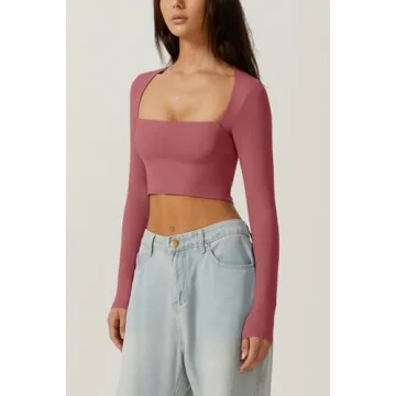 Stylish QINSEN Square Neck Long Sleeve Crop Top Merlot