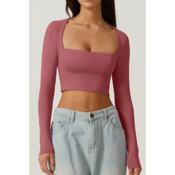 Stylish QINSEN Square Neck Long Sleeve Crop Top Merlot