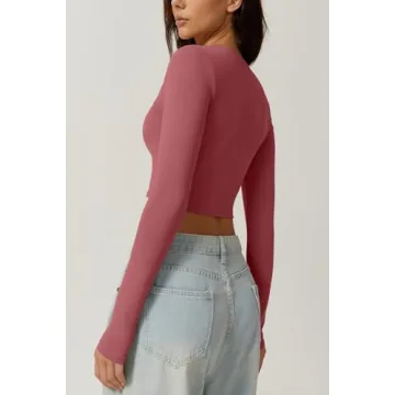Stylish QINSEN Square Neck Long Sleeve Crop Top Merlot
