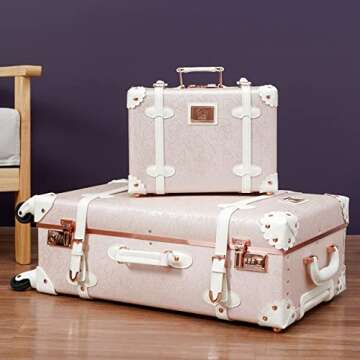urecity Vintage Trunk Luggage Set, Elegant Pink Travel Suitcase