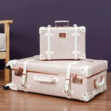 urecity Vintage Trunk Luggage Set, Elegant Pink Travel Suitcase
