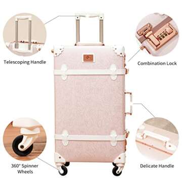 urecity Vintage Trunk Luggage Set, Elegant Pink Travel Suitcase