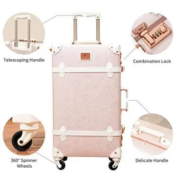 urecity Vintage Trunk Luggage Set, Elegant Pink Travel Suitcase