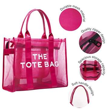 ARENADO The Tote Bag Beach Bag Mesh Clear Totes Bag Large with Zipper Travel Tote Bag, Handbags, and Work Totes