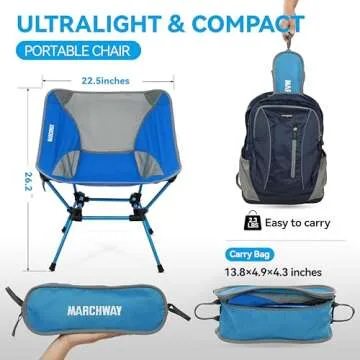 MARCHWAY Ultralight Folding Camping Chair, Heavy Duty Portable Compact for Outdoor Camp, Travel, Beach, Picnic, Festival, Hiking, Lightweight Backpacking (Bright Blue)