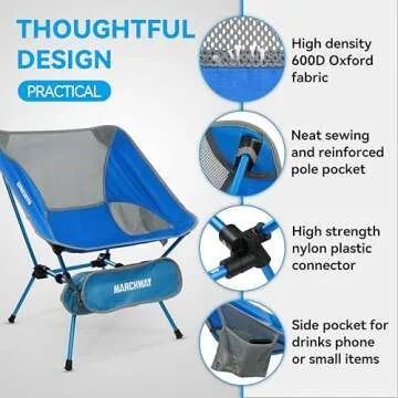 MARCHWAY Ultralight Folding Camping Chair, Heavy Duty Portable Compact for Outdoor Camp, Travel, Beach, Picnic, Festival, Hiking, Lightweight Backpacking (Bright Blue)