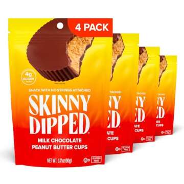 SkinnyDipped Milk Chocolate Peanut Butter Cups, 4g Sugar, Low Sugar, Low Carb, Gluten Free, 3.2oz Bag, 4 Pack (24 Cups Total)