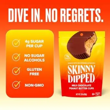 SkinnyDipped Milk Chocolate Peanut Butter Cups, 4g Sugar, Low Sugar, Low Carb, Gluten Free, 3.2oz Bag, 4 Pack (24 Cups Total)