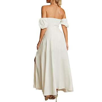 KUTUMAI Women's Summer Off Shoulder Maxi Dress Puff Sleeve A Line Flowy Ruffle Swing Split Long Dresses White XL