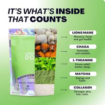 Everyday Dose Mushroom Matcha+ Ceremonial Grade Matcha Powder - Japanese Tea With Grass-Fed Collagen, Lion's Mane, Chaga, L-Theanine - For Better Focus, Energy, Digestion and Immunity - 30 Servings