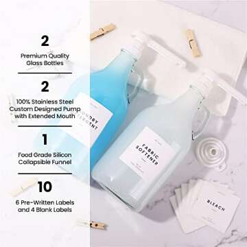 MoliMoli Liquid Laundry Detergent Dispenser for Laundry Room, Laundry Soap Dispenser, Fabric Softener Dispenser, Laundry Detergent Holder, Glass Jars with Pre-Written Labels and Funnel, Set of 2