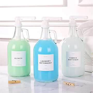 MoliMoli Liquid Laundry Detergent Dispenser for Laundry Room, Laundry Soap Dispenser, Fabric Softener Dispenser, Laundry Detergent Holder, Glass Jars with Pre-Written Labels and Funnel, Set of 2