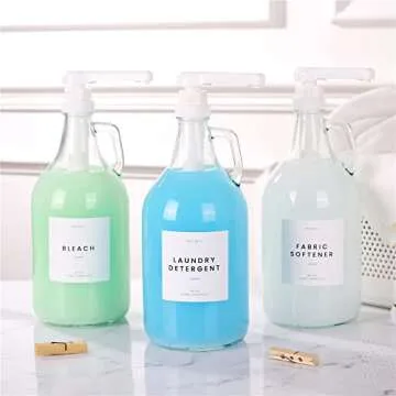 MoliMoli Liquid Laundry Detergent Dispenser for Laundry Room, Laundry Soap Dispenser, Fabric Softener Dispenser, Laundry Detergent Holder, Glass Jars with Pre-Written Labels and Funnel, Set of 2