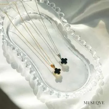 MUSEQVE Black Four Leaf Clover Necklace for Women • Dainty Onyx Stone Lucky Clover Pendant Charm • 18K Gold Plated Nacre Jewelry Mothers Day Gifts for Mom Her [CVRN-BK-G]