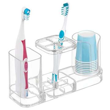 mDesign Plastic Bathroom Vanity Countertop Dental Storage Organizer Holder Stand for Electric Spin Toothbrushes/Toothpaste with Compartment for Rinse Cups - Compact Design - Clear