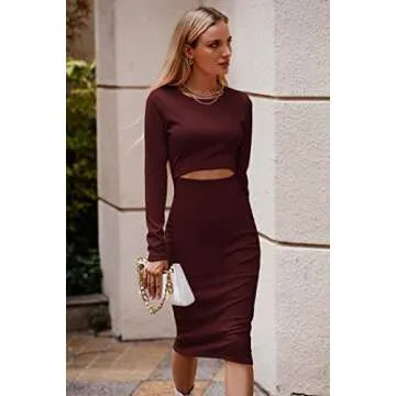 PRETTYGARDEN Women's Long Sleeve Midi Bodycon Dresses Casual Crewneck Cut Out Ribbed Knit Fitted Pencil Dress (Wine Red,Small)