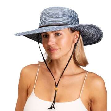 Sloggers Women's Wide Brim Braided Sun Hat with Wind Lanyard - UPF 50+ Maximum Sun Protection Blue