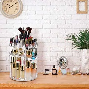 Argox 360° Rotating Makeup Organizer, Skincare Storage Box, Cosmetic Display Case with Brush Holder Perfume Tray, Multifunctional Rotating Rack Suitable for Dressing Tables and Bathroom Countertops