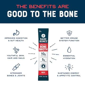 Bare Bones Beef Bone Broth Instant Powdered Mix | Rich Savory Packets on-the-Go No Artificial Flavors | 100% Grass Fed Keto & Paleo Friendly | Sticks 10g Protein | 32 Pack