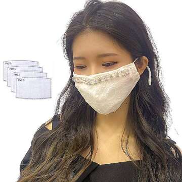 White Wedding Lace Face Masks-4pcs Filters Reusable Bride Bling Rhinestone Chain Stylish Cute Pretty Cotton Mask Covering for Women Girls
