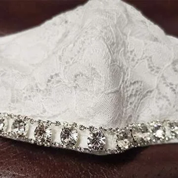 White Wedding Lace Face Masks-4pcs Filters Reusable Bride Bling Rhinestone Chain Stylish Cute Pretty Cotton Mask Covering for Women Girls