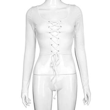 Artfish Women's Sexy Lace Up Long Sleeve Tie Cleavage Crop Top White, S