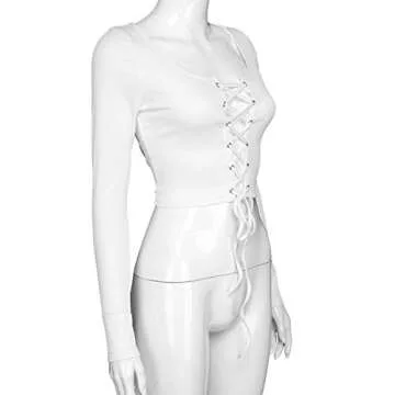 Artfish Women's Sexy Lace Up Long Sleeve Tie Cleavage Crop Top White, S