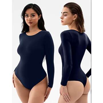 PUMIEY Long Sleeve Bodysuit For Women Sexy Crew Neck Tops Navy Blue Body Suits Womens Fashion Bodysuits Dark night Medium