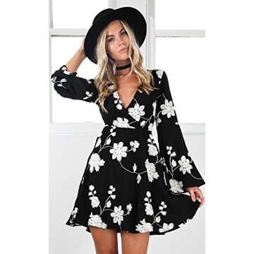 Young17 Flare Long Sleeve Boho Floral Printed Sexy V Neck Black Party Wrap Skater Mini Women Dress
