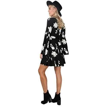Young17 Flare Long Sleeve Boho Floral Printed Sexy V Neck Black Party Wrap Skater Mini Women Dress