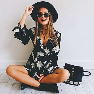 Young17 Flare Long Sleeve Boho Floral Printed Sexy V Neck Black Party Wrap Skater Mini Women Dress