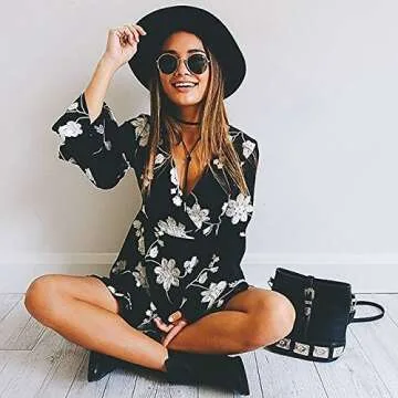 Young17 Flare Long Sleeve Boho Floral Printed Sexy V Neck Black Party Wrap Skater Mini Women Dress